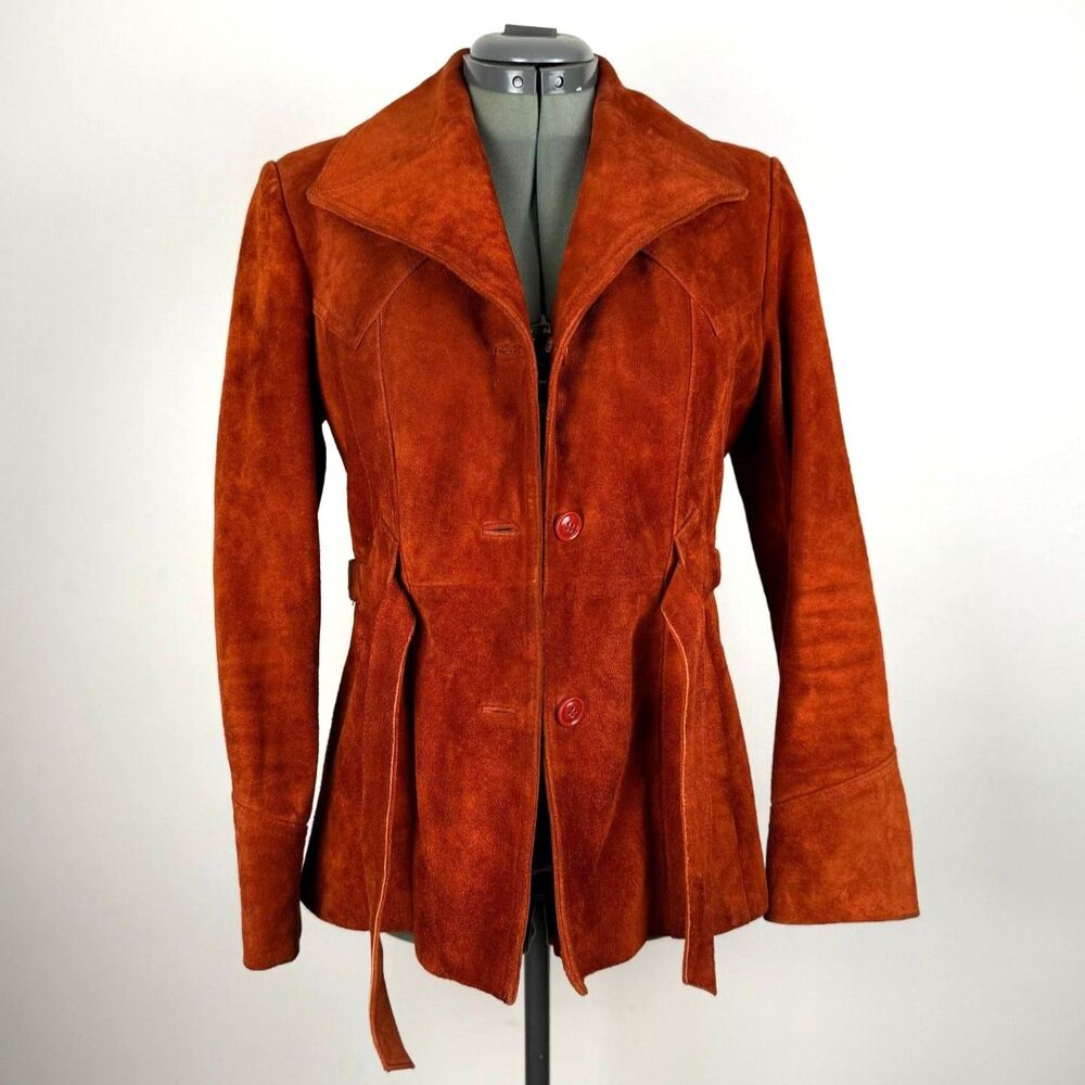 Vintage 70s Rust Suede Leather Jacket | Retro Belted Coat | Made in Korea